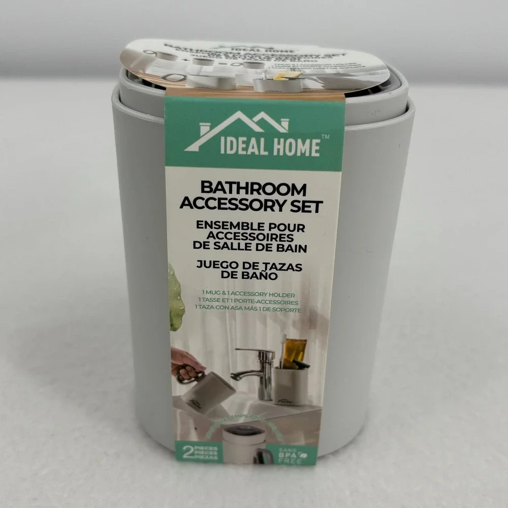 Ideal Home 2 Piece Bathroom Accessory Set Gray Mug and Holder BPA Free Stackable